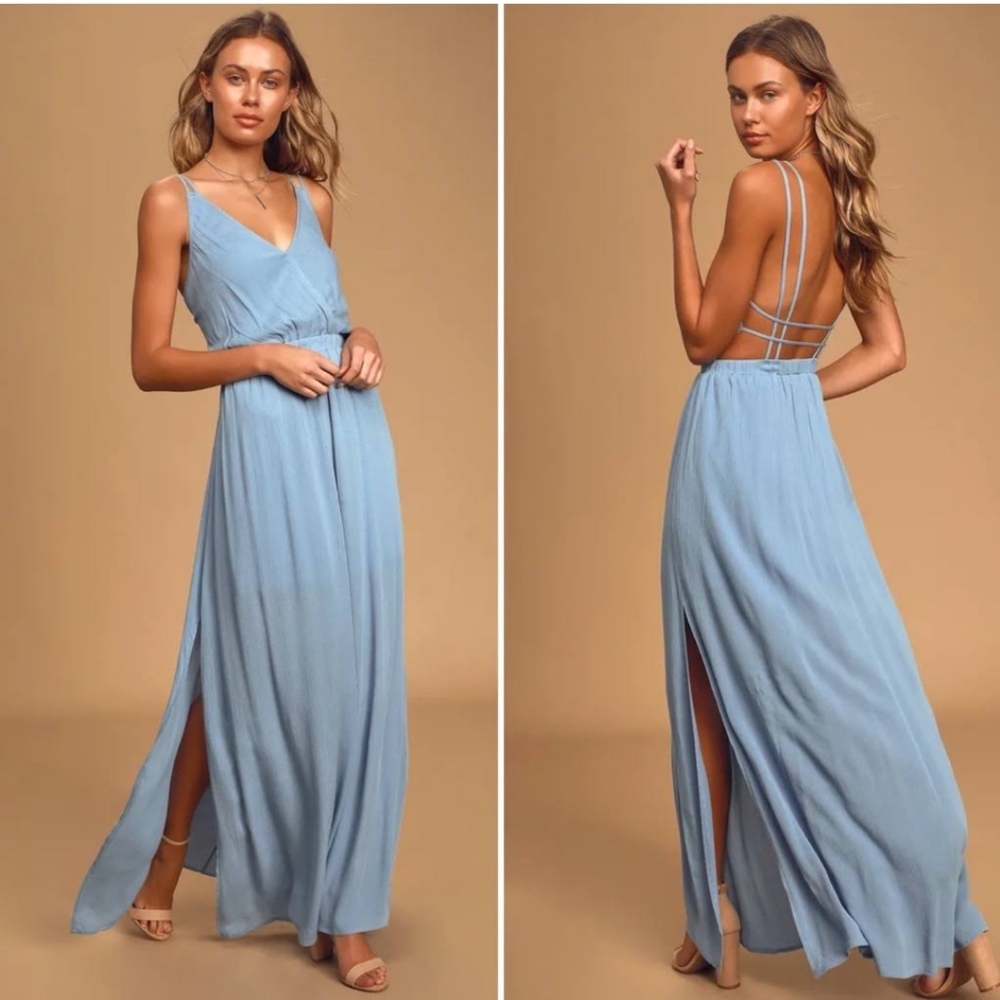 Lulu's light Blue strappy plunge side Slit maxi dress M